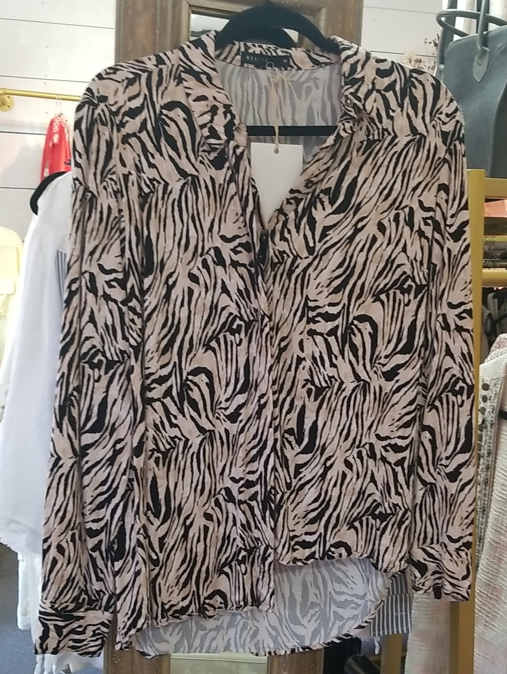 Animal-Print Button-Down Blouse in Black and Beige